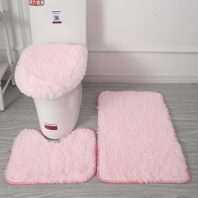 3pcs Set of Fluffy Super Soft Non-Slip Bathroom Mats, Polyester Material Solid Color Velvet Bath Rug Suitable for Bathtub, Shower and Toilet