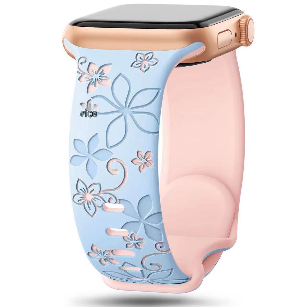 Embossed Floral Silicone Apple Watch Strap: Unisex, Sports, Two-Tone, Infinity Buckle.