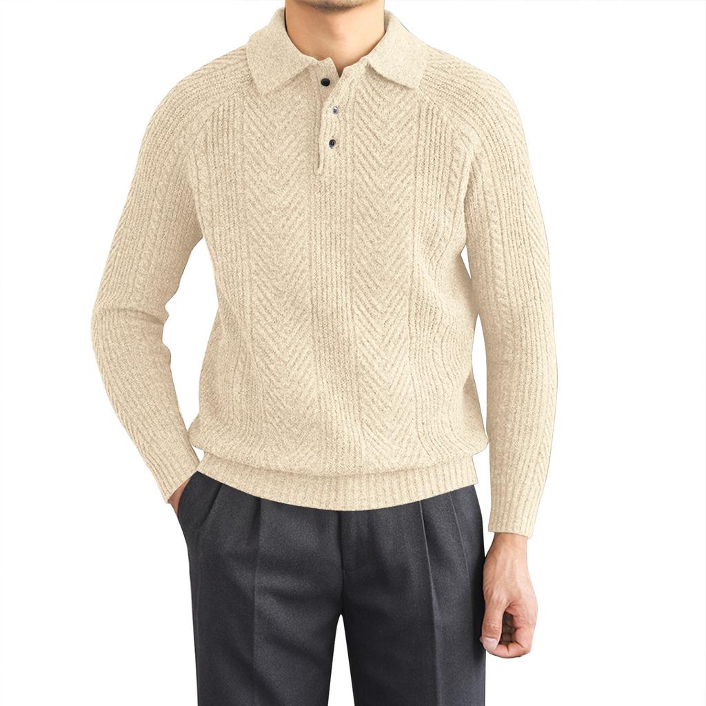 Men's Solid Color Knitted Buttons Lapel Long Sleeve Top Men's Casual Fashion Long Sleeve Top