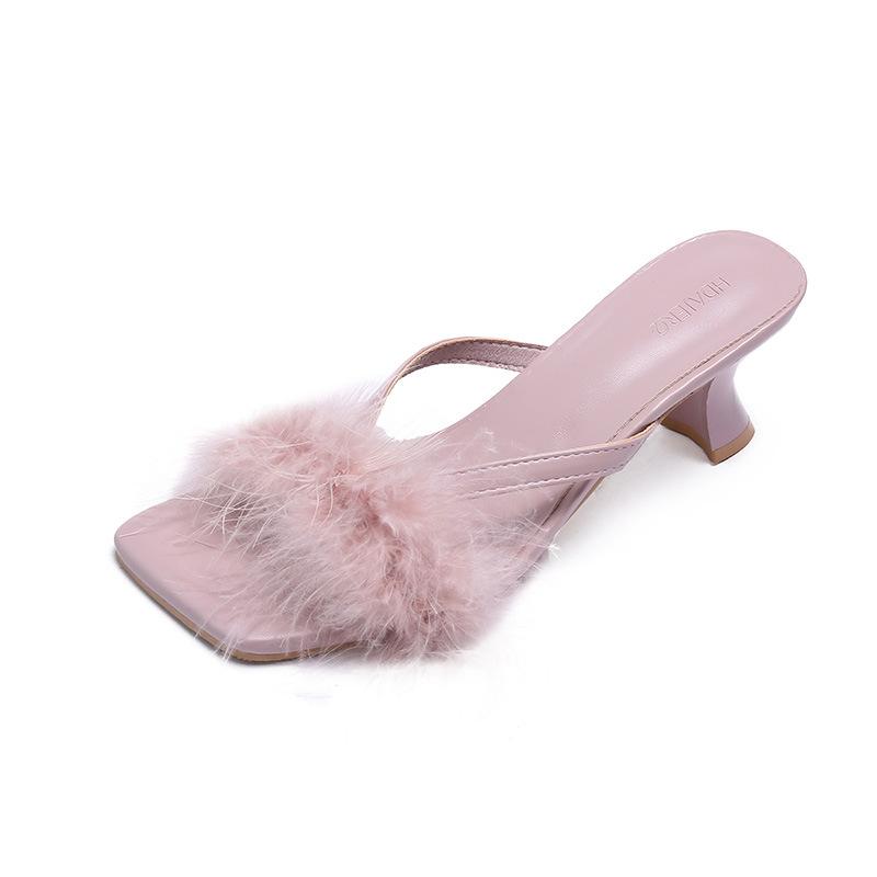 

Французские пушистые тапочки на высоком каблуке, женская обувь, новинка 2025 года, летние черные сандалии в стиле феи 40