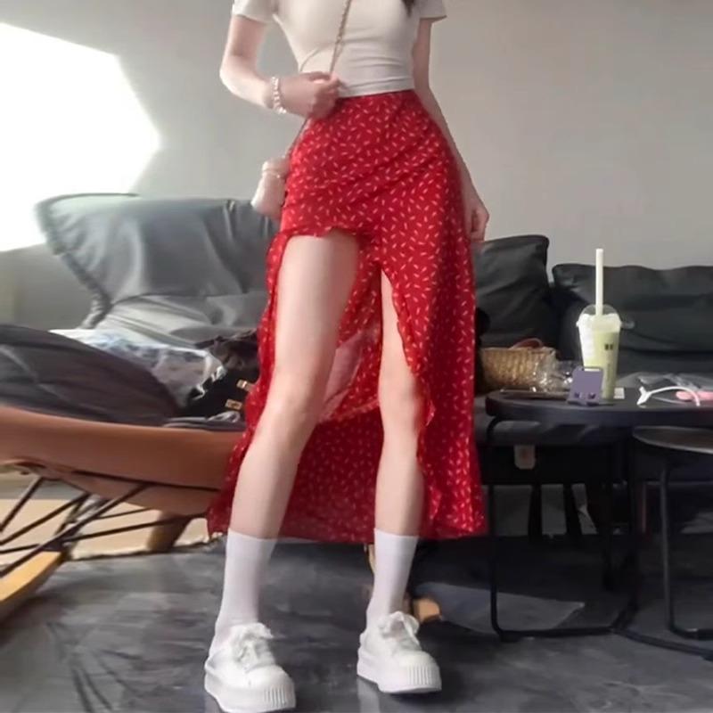 Red Floral Skirt for Women In Summer New Arrival Style Design Irregular Slit High Waist Hot Girl Slim Long Skirt