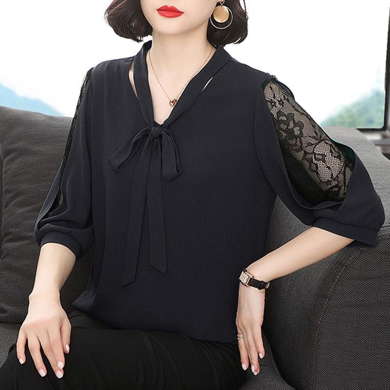 Donna Primavera Estate Stile Camicette Top Lady Casual Papillon Colloar Mezza Manica in Pizzo Largo Blusas Top