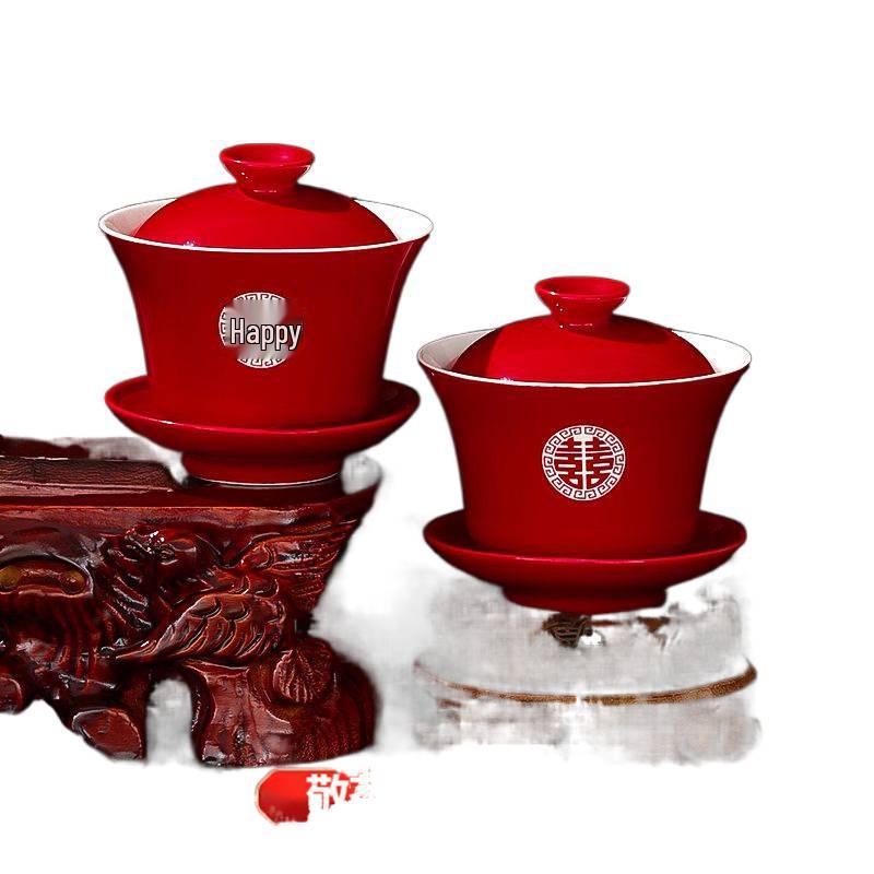 Festive Red Wedding Tea Set: Gaiwan, Chopsticks, Happy Bowl & Pair Bowls