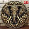 Vintage Golden Elephant Round Aluminum Wall Art Floral Geometric Decor