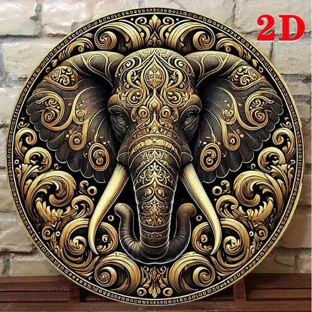 Vintage Golden Elephant Round Aluminum Wall Art Floral Geometric Decor