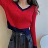 Women's V-neck Sweater Spring Autumn Long-sleeved Knitted Cropped Top Sweater Color-block Pullover Jumper