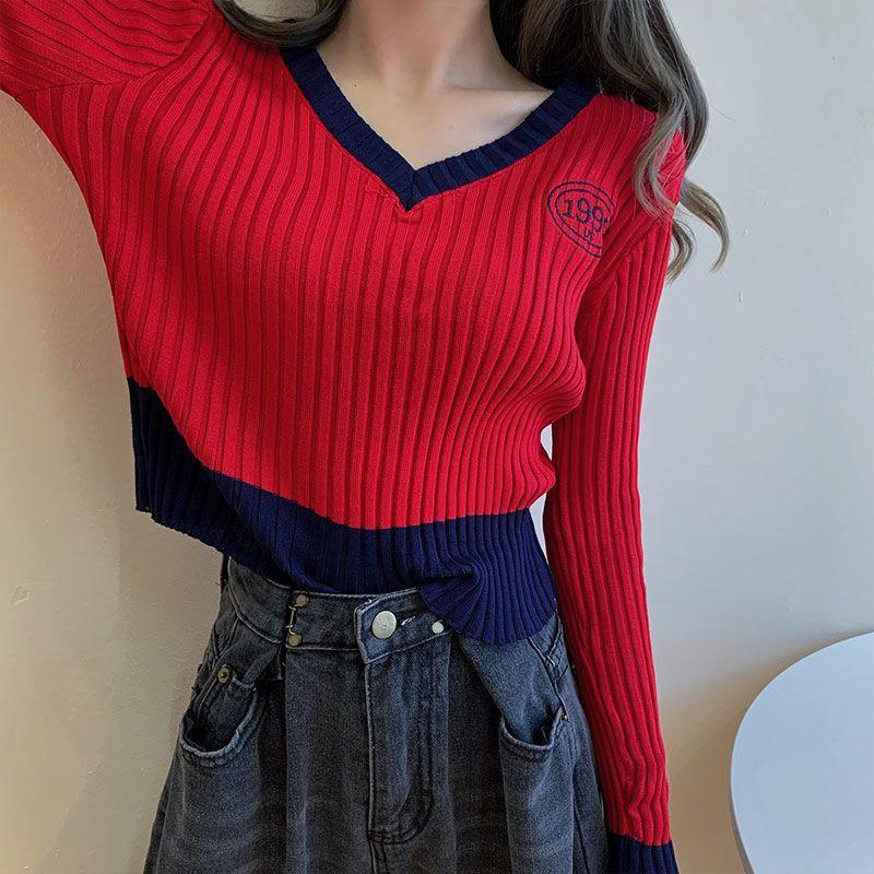 Women's V-neck Sweater Spring Autumn Long-sleeved Knitted Cropped Top Sweater Color-block Pullover Jumper