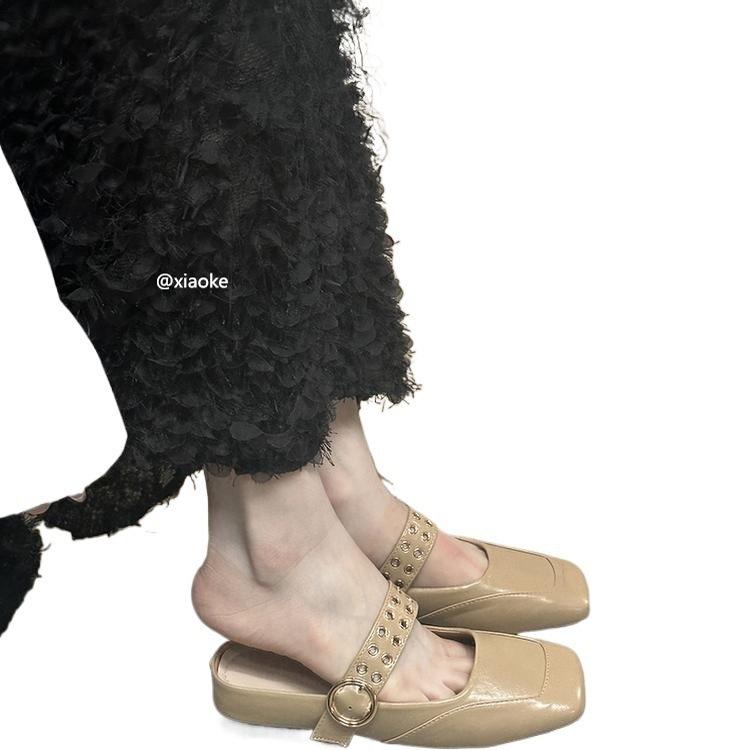XINZHOU inner height increase square head Mary Jane shoes women's new 2025 bag head flat bottom half slippers outer wear cool slippers