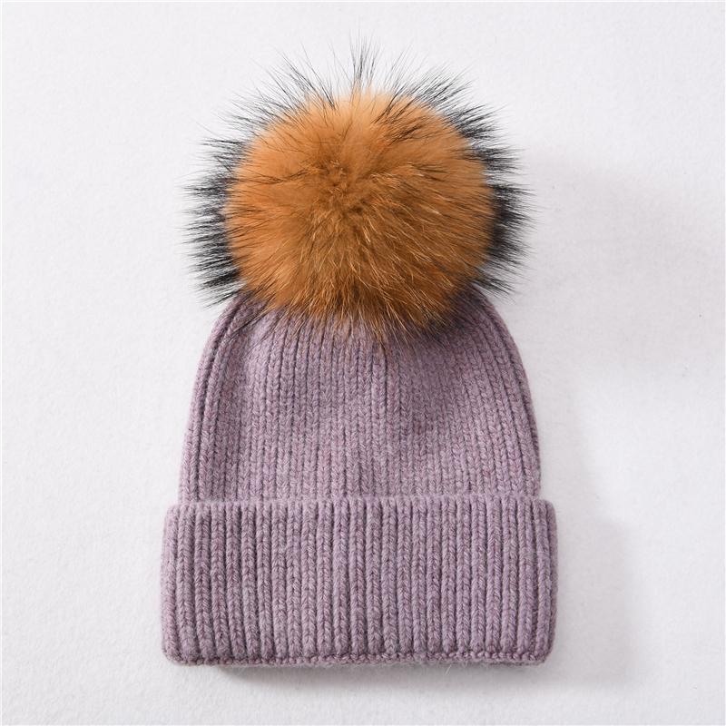 Jaxmonoy Kaschmir-Strickmütze, große Beanie-Mütze mit echtem Waschbärfell und Bommel, hochwertige, warme Mütze, Damenmütze