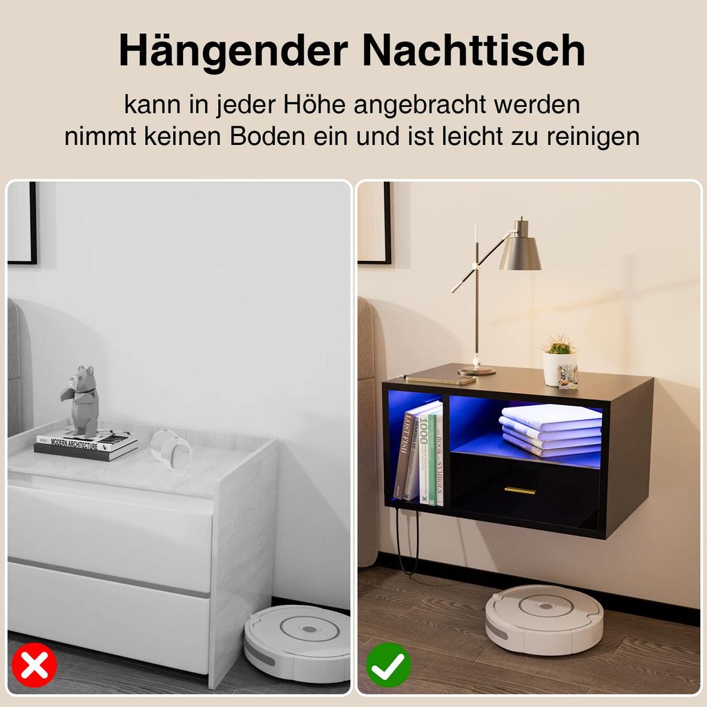 Space-saving Wall-mounted Bedside Table Wood With 1 Drawer Charging Station 1AC 2USB EU Plug Lamp Strip Floating Model Black For Bedroom