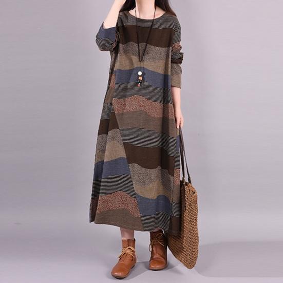 Women's Long Sleeve Cotton Linen Maxi Dress Vintage Bohemian Printed Patchwork Crew Neck Dress Fall Loose Outfit