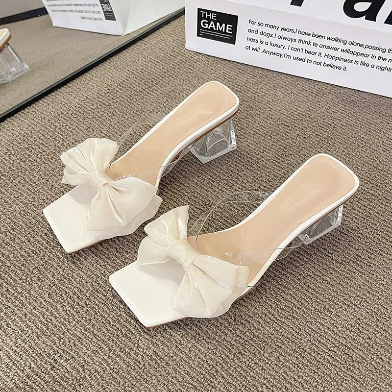 2025 summer new sweet thick heel transparent slippers women's outer wear bow square head open toe one word sandals wholesale