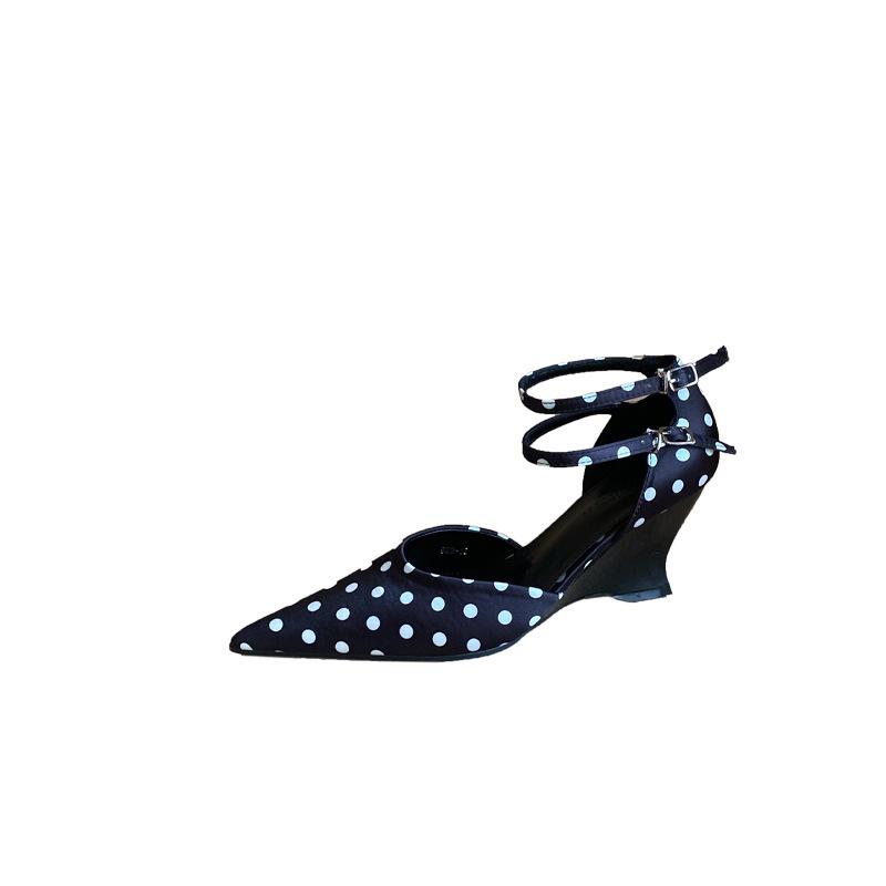 Sandali Eleganti alla Moda da Donna in Raso con Punta Acuta e Zeppa a Pois Stile Francese - Perfetti per l'Uso Quotidiano