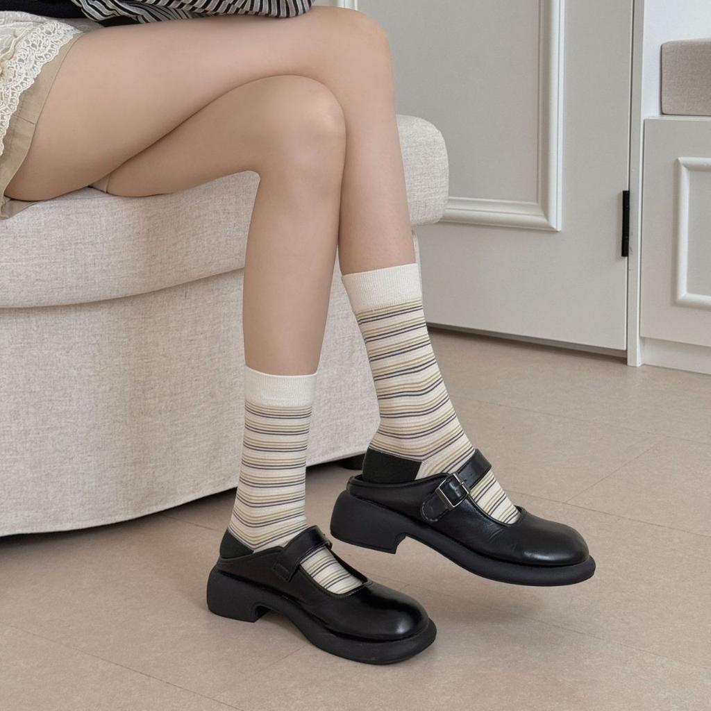 Striped Socks, Mid-Tube Socks, Classic Retro Contrasting Colors, Versatile Literary Niche Design, Piled Up Socks