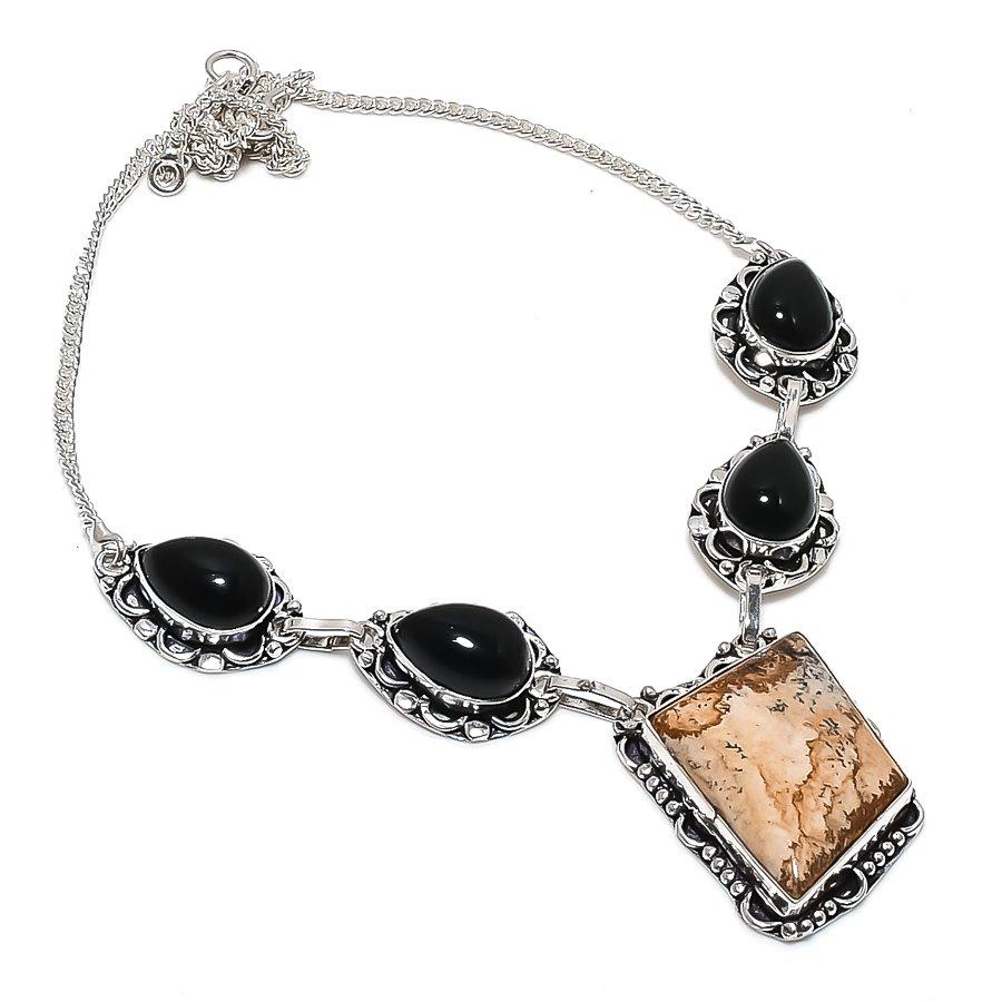 

Natural Picture Jasper, Onyx 925 Sterling Silver Jewelry Necklace 18 f3P80