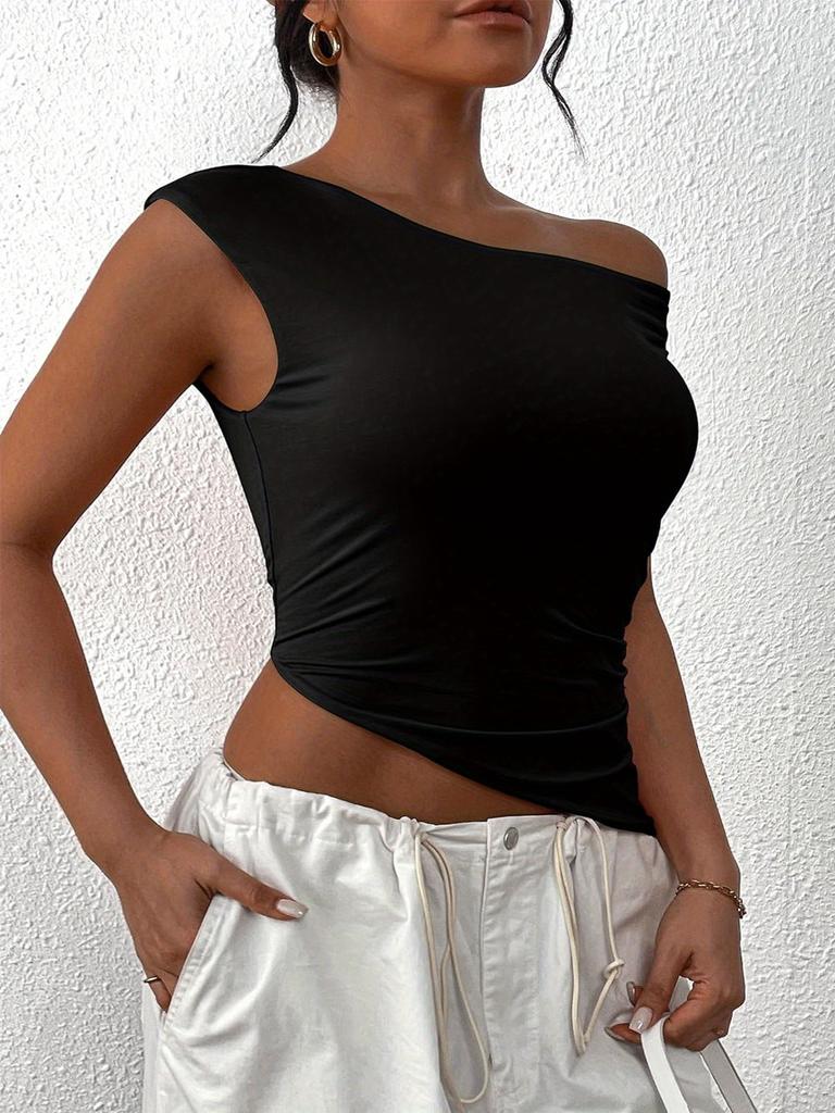 1pc Womens Summer Off The Shoulder Sleeveless One Shoulder Ruched Asymmetrical Y2K Tank Top