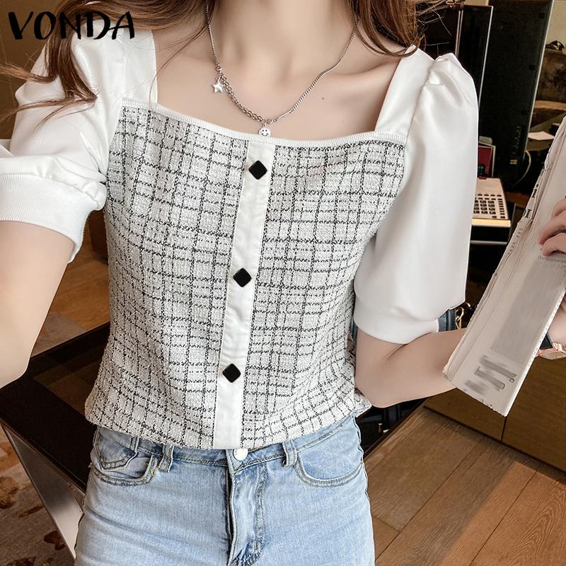 

VONDA Women s Summer Square Neck Puff Short Sleeve Button Plaid Loose Blouse