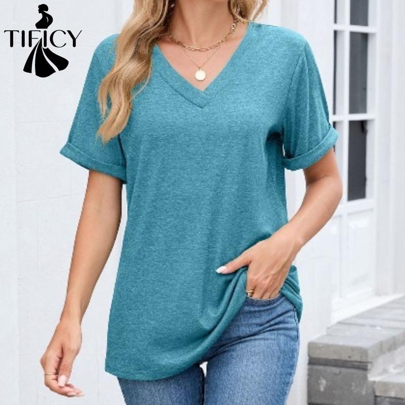 TIFICY Moda dame ocazional vară primăvară culoare uni imprimeu mâneci scurte cu decolteu în V bluze și cămăși