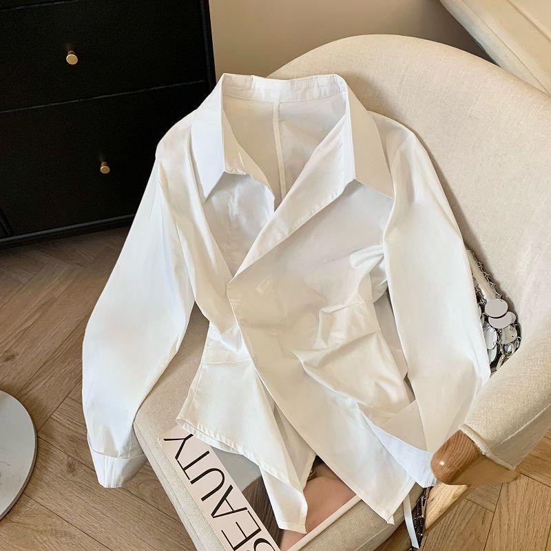 Spring Summer Designer Irregular Long Sleeve Polo Shirt Women Tunic White Elegant Basic Top Blouse Ladies Work Wear Shirts