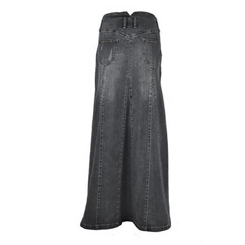 Women Autumn High Waist Vintage Denim Skirt Streetwear A Line Washed Solid Color Pockets Buttons Long Skirts