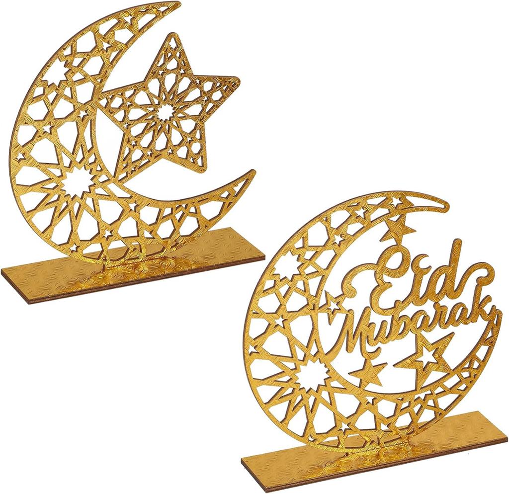 2 st Trä Ramadan Islamisk Eid Mubarak Kareem Bordskylt Måne Ihålig Stjärna Prydnad För Muslimsk Fest Dekorativa Bordsskivstillbehör