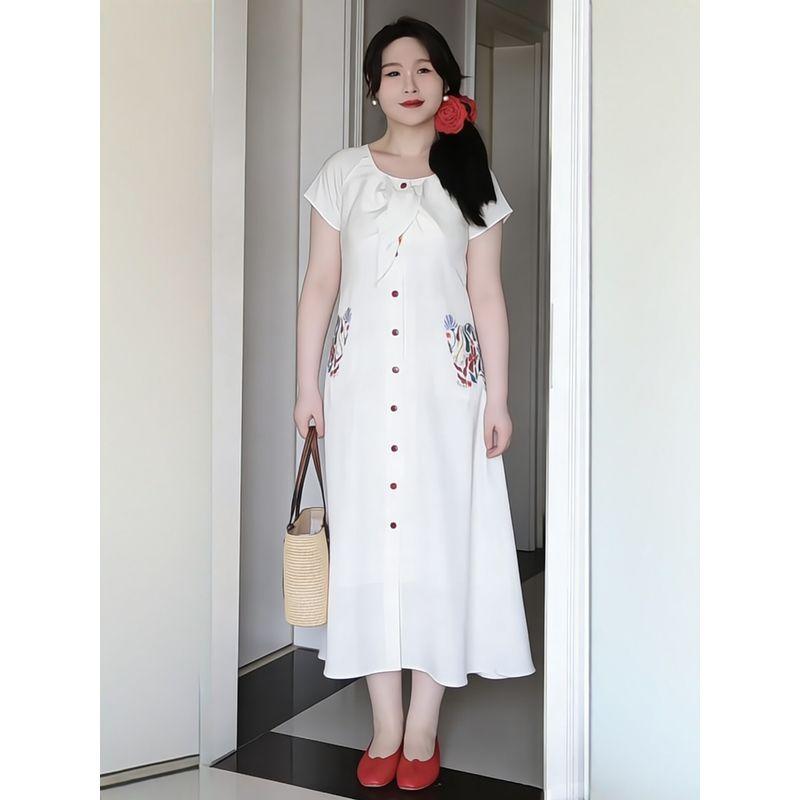 Plus-Size Women's Fashion Korean-Style Design Single-Breasted Embroidered Dress 2026 Summer Stylish Slimming Dress