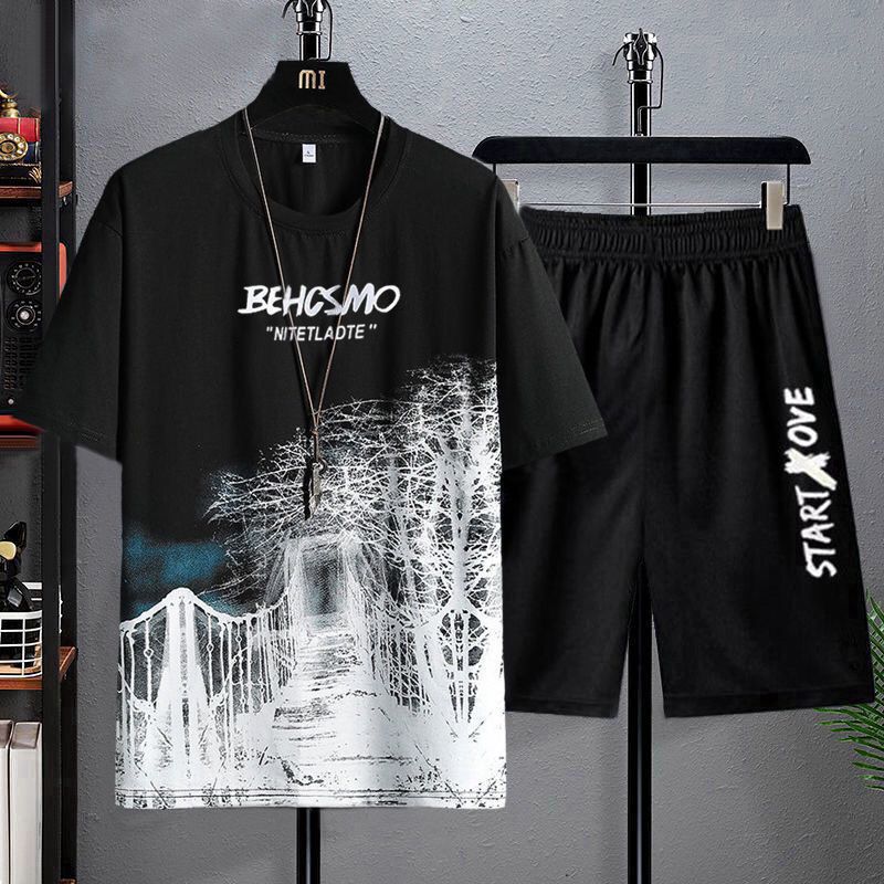 Men Loose T-shirt Shorts Fitness Set Leisure Outfit Simple Elastic Waistband Mid-rise Casual Outfit Streetwear Plus Size