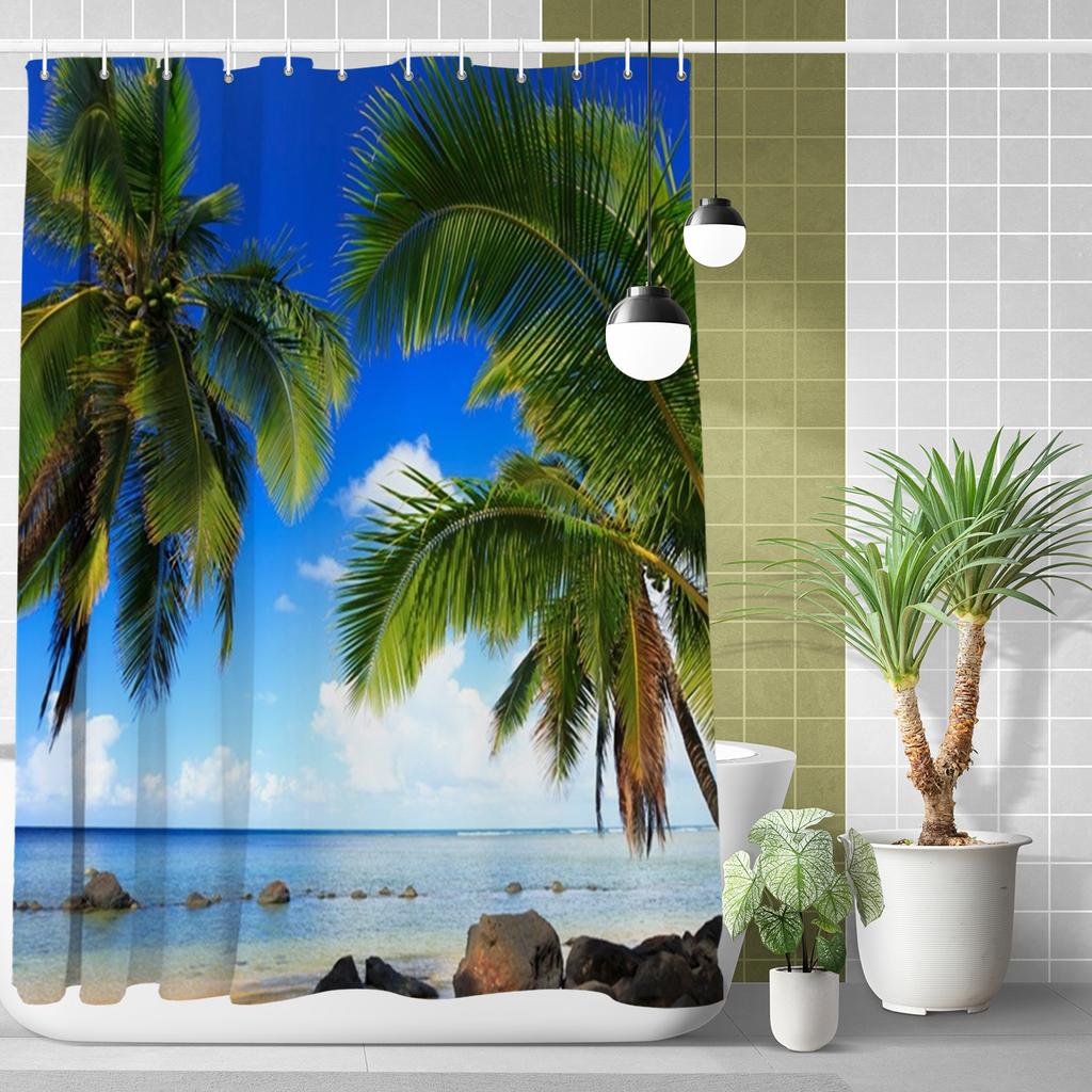 Beach Vacation Shower Curtain Tropical Palm Trees Ocean Waves Starfish Sandy Shore Pattern Waterproof Polyester Bathroom Decor