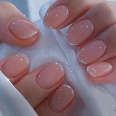 24Pcs Silver Glitter French Press On Nails Short Square Round False Nails Wearable Nail Art Tips