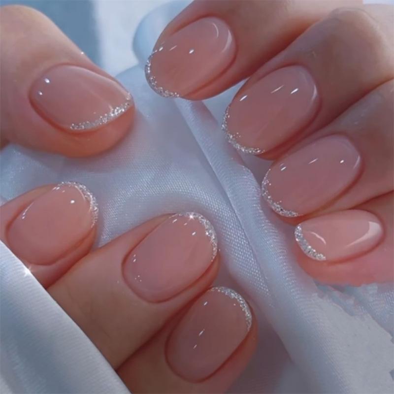 24Pcs Medium Short Square White Silver Glitter French Tip Press On Nails Full Cover Fake Nail Art Tips