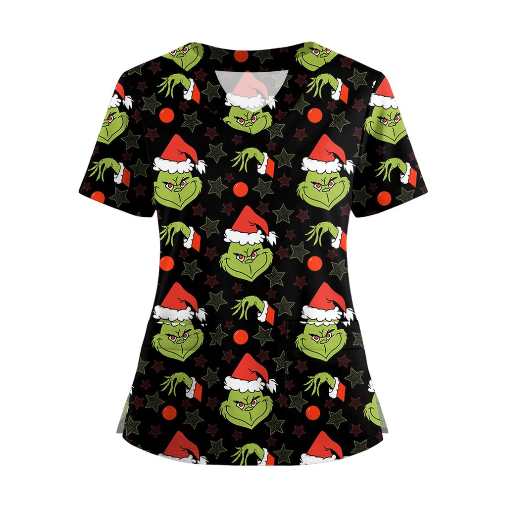 Women's Short Sleeved Christmas Printed V-neck Buttonable Side Slit Top T-shirt