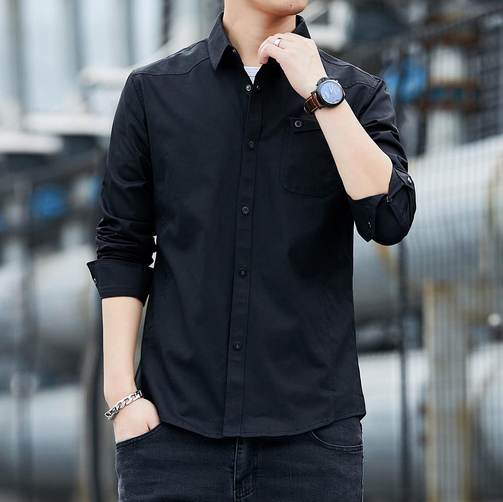 SHANLIANG Long Sleeve Black Shirt with Metal Basic Solid Oxford Shirt Men's Buttons, Color, Business, Color, Casual, Cotton, Fashionable, Spring,
