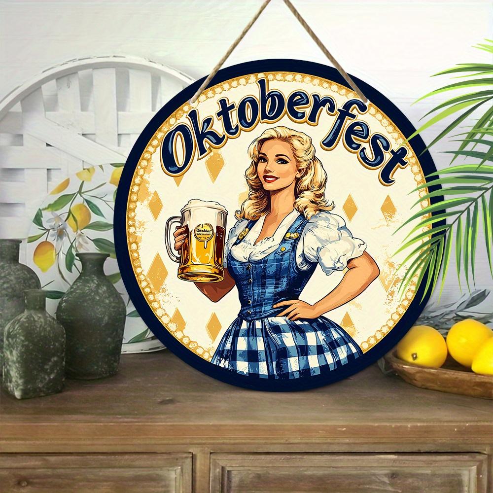 Oktoberfest Dirndl Lady Wooden Sign, Charming Round Front Door Decor, German Beer Festival Wall Hanging - Ideal Gift for Oktoberfest Celebrations