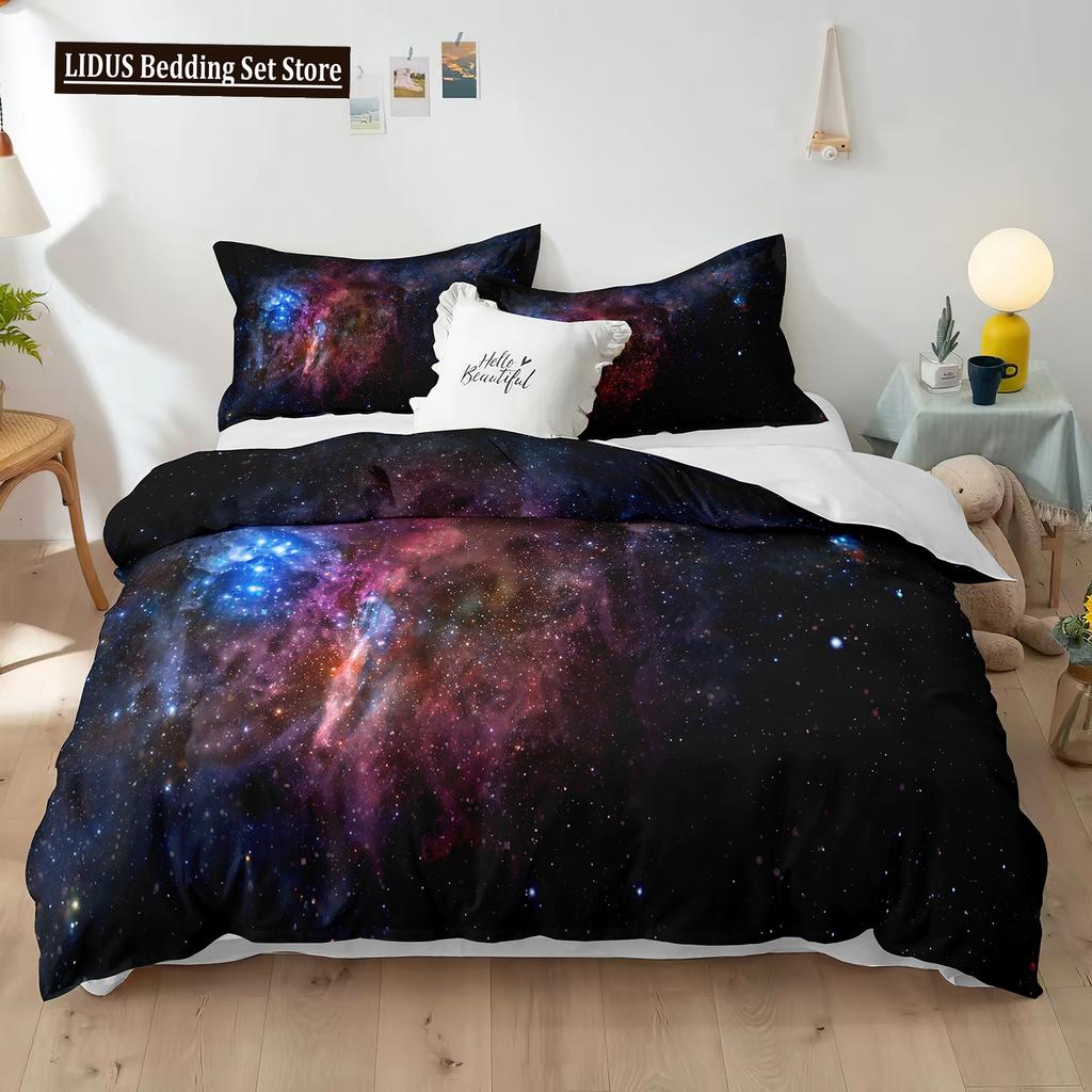 Starry Sky Polyester Duvet Cover Set King Size White Star Colourful Galaxy Starry Space Nebula Abstract Cosmos For Boy Girl Kids