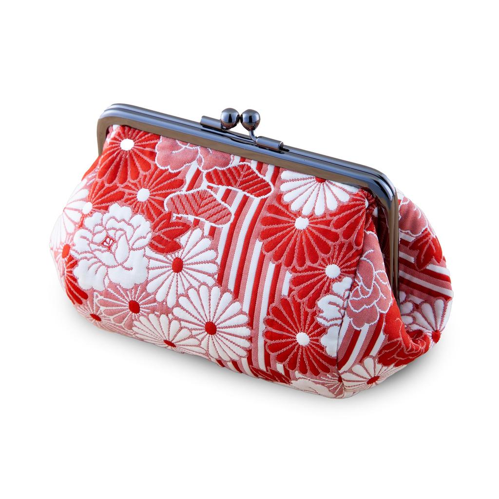 Made in Japan Gama-guchi Pouch, Retro Floral Pattern, Puffed Weave, Barrel-Shaped Gama-guchi Pouch, Cosmetic Pouch, Travel Pouch, Small Item Pouch