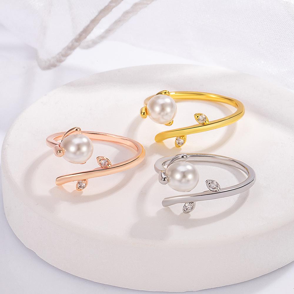 French Minimalist Faux Pearl Twig Ring - Mori Style High-End Open Hand Jewelry