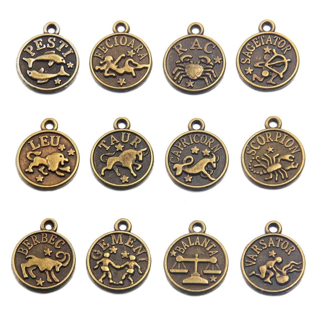 12x15mm Round Zodiac Constellation Pendant: Retro Symbol Alloy Jewelry for DIY Bracelets & Keychains
