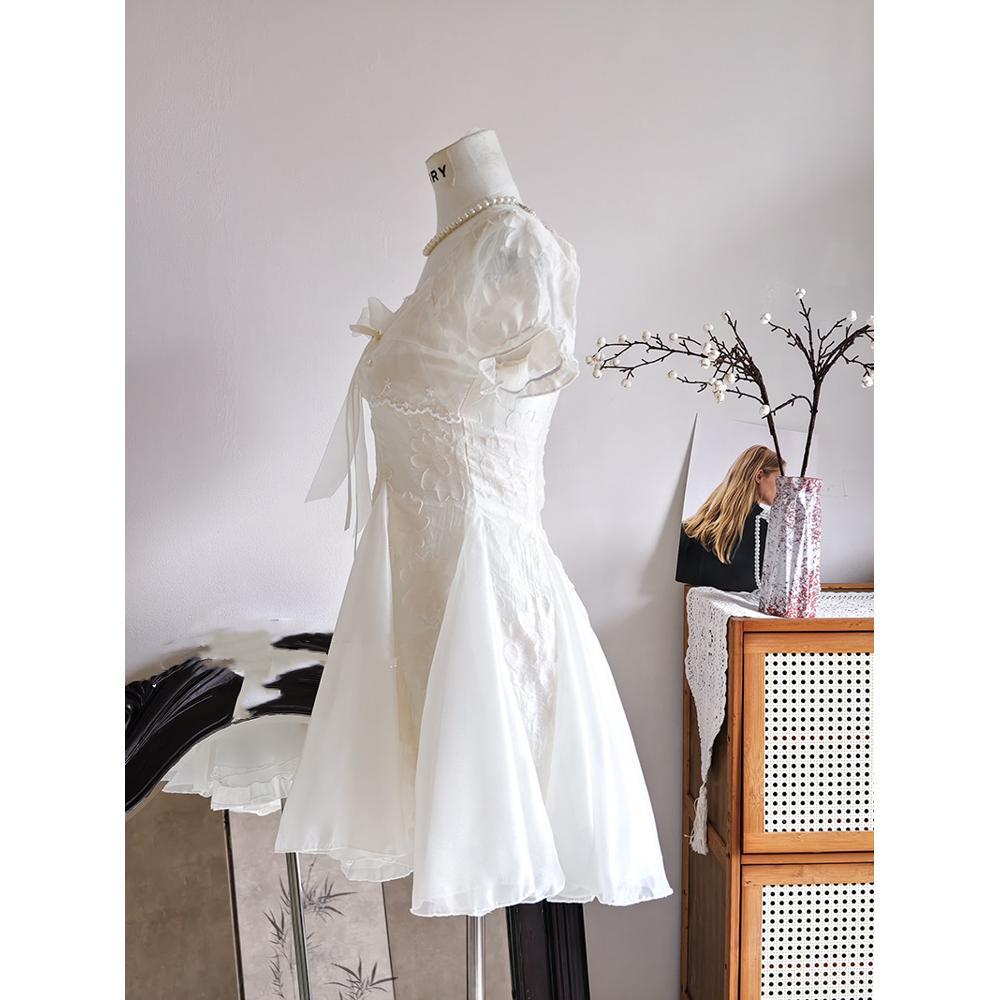 French gentle and sweet wind mesh stitching beautiful and unique temperament waist puffy short skirt jacquard short sleeve dress