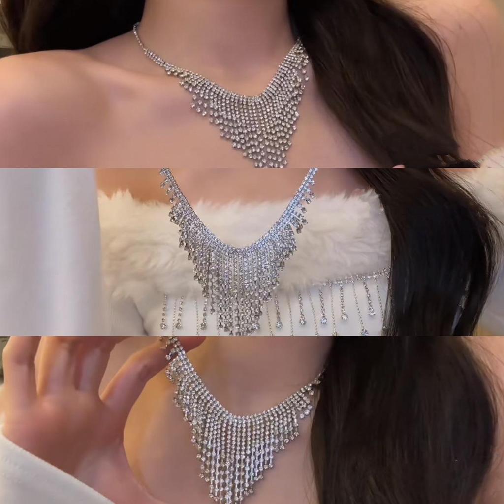 High-End European & American Rhinestone Tassel Necklace: Chic Geometric Design & Light Luxury Clavicle Chain