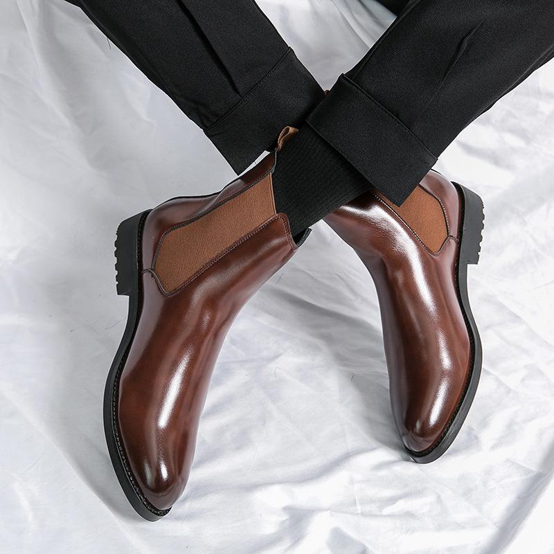 Classic Men Chelsea Boots Pointed Toe Ankle Boots British Style Business Dress Shoes Casual Boots High Top Slip on Leather Shoes