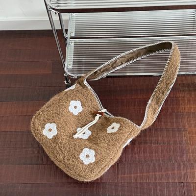 2026 Autumn/winter New Casual Tote Woolen Fabric Flowers Zipper Sweet Shoulder Bags High-capacity Thickened Women's Handbags