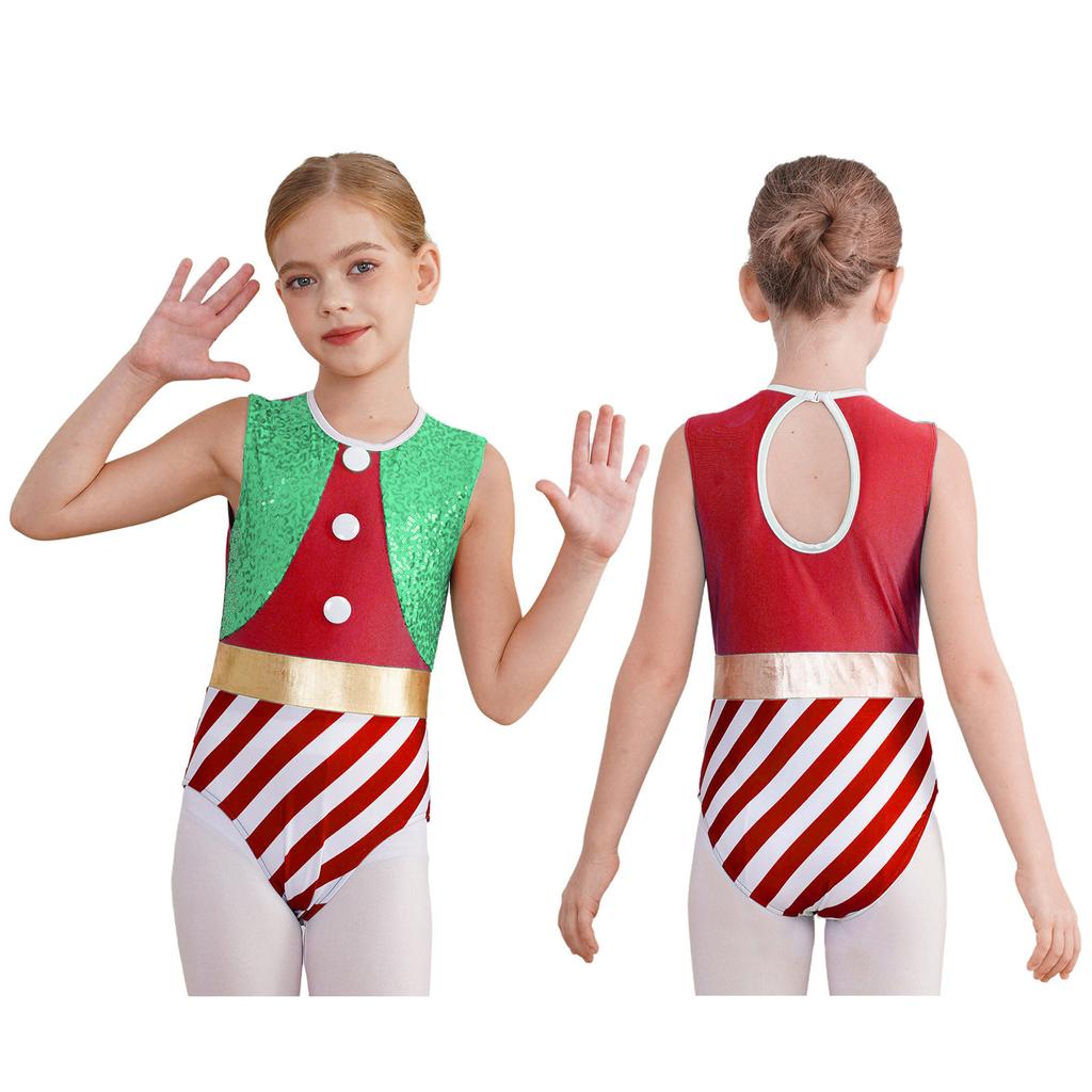 Kinder Mädchen Weihnachtskostüm Cosplay Tanz-Turnanzug Ärmelloser Jumpsuit Pailletten Streifen Gymnastik-Einteiler Body Weihnachtsmann Verkleidung