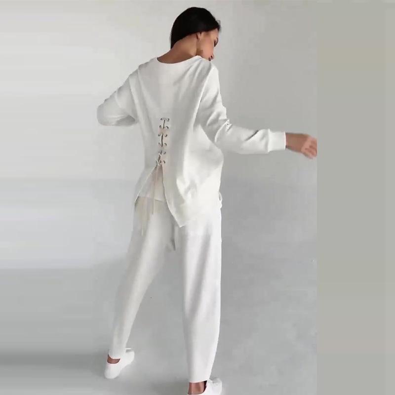 2024 European & American Casual Solid Color Two-Piece Set: Versatile Top and Long Pants for Women