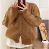 Retro horn buckle crew neck knitted cardigan women's autumn and winter new loose lazy wind sweater jacket top trendy