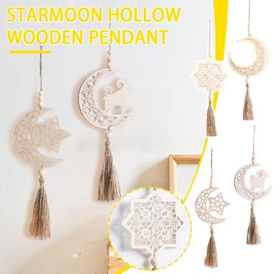 Wood Ramadan Decoration Eid Banner Mubarak Craft Moon For Home Hanging Ornament Pendant Islam Muslim Party Supplies
