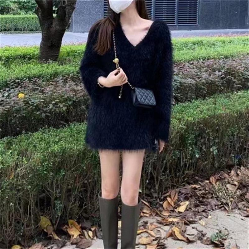 Medium and Long Mink Fleece Sweater Women's Autumn and Winter New V-neck Loose Lazy Soft Waxy Long Fluff Top