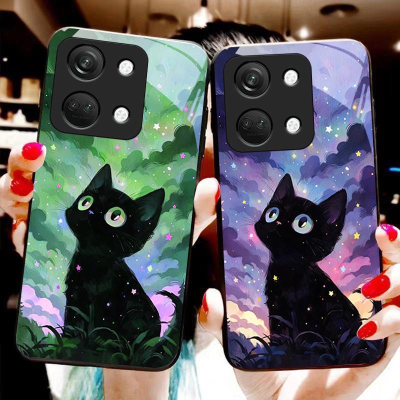 Cute Little Cat For OnePlus Nord 3 5 6T 7 Pro 8 12 10T Reno8 Lite 5G 10R Nord N30 Hard Shell Tempered Glass Phone Case Black