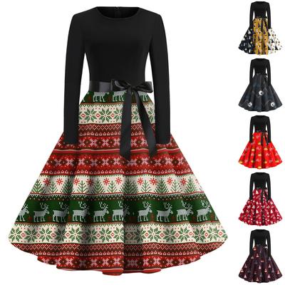 Women's Christmas Casual Fashion Round Neck Long Sleeve Printed Vintage Dresses
