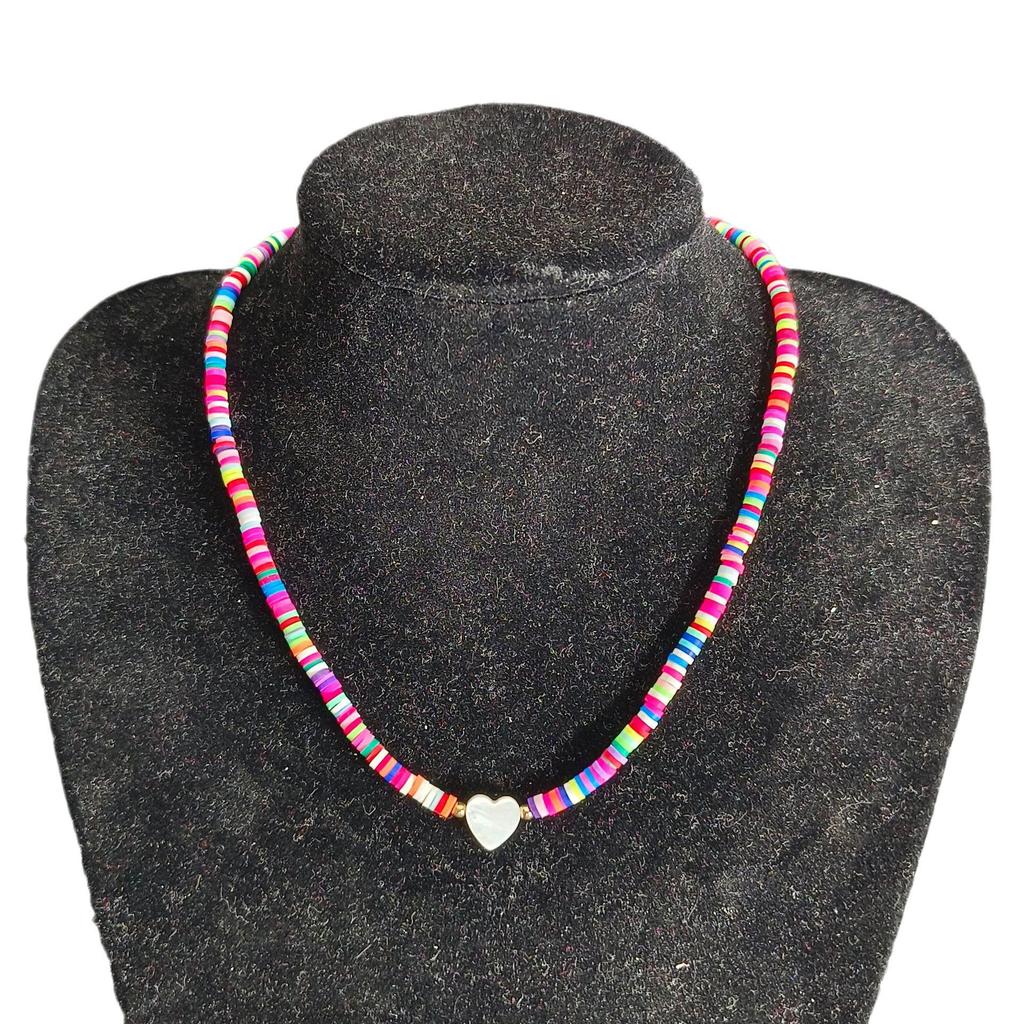 Multicolor Polymer Clay Shell & Peach Heart Pendant Necklace