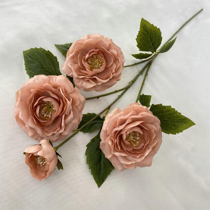 Long Branch Fu Character Fourhead Camellia Artificial Flower For Wedding Hall And Home Decoration